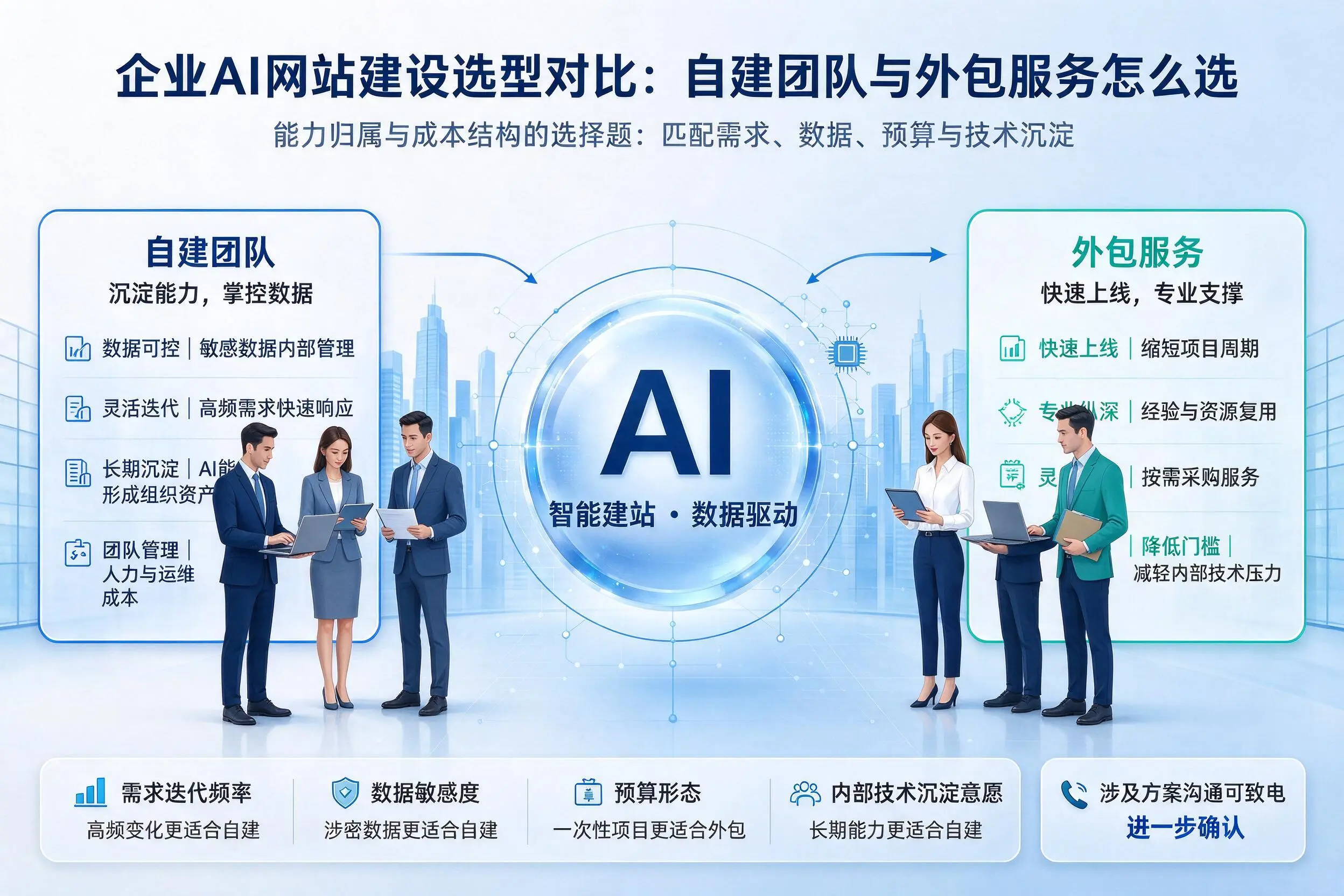 商丘企业AI网站建设选型对比:自建团队与外包服务怎么选